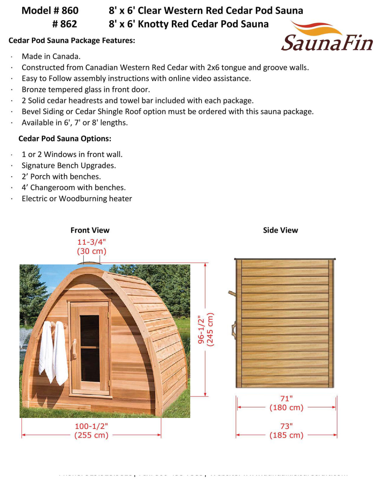 pod sauna size details