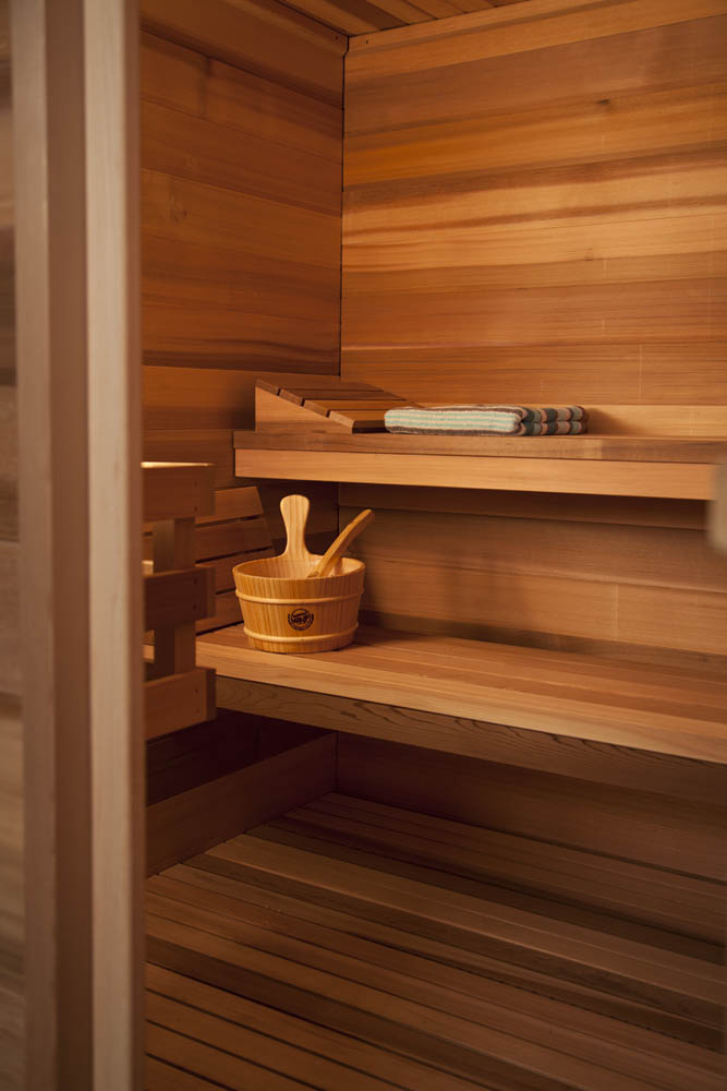 Indoor cabin sauna with 2-tier benches