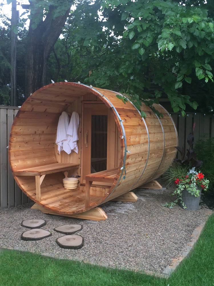 Barrel sauna with porch and bench