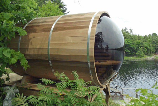 Panoramic view barrel sauna on lake