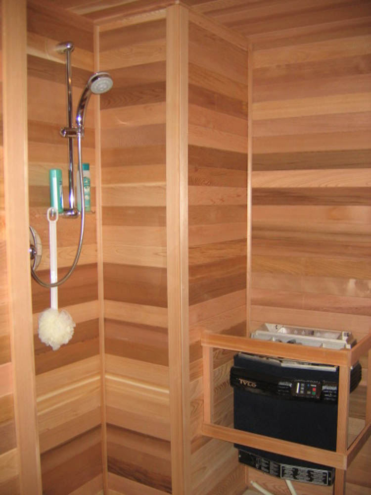 Shower in indoor sauna
