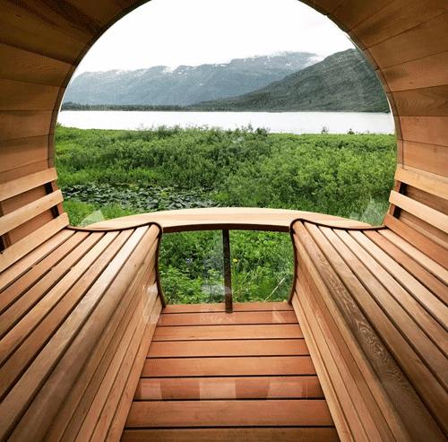 Dundalk Leisurecraft panoramic view barrel sauna