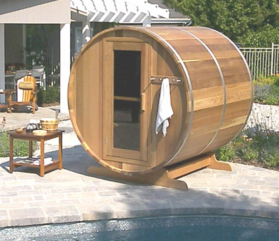 6x6 barrel sauna by pool