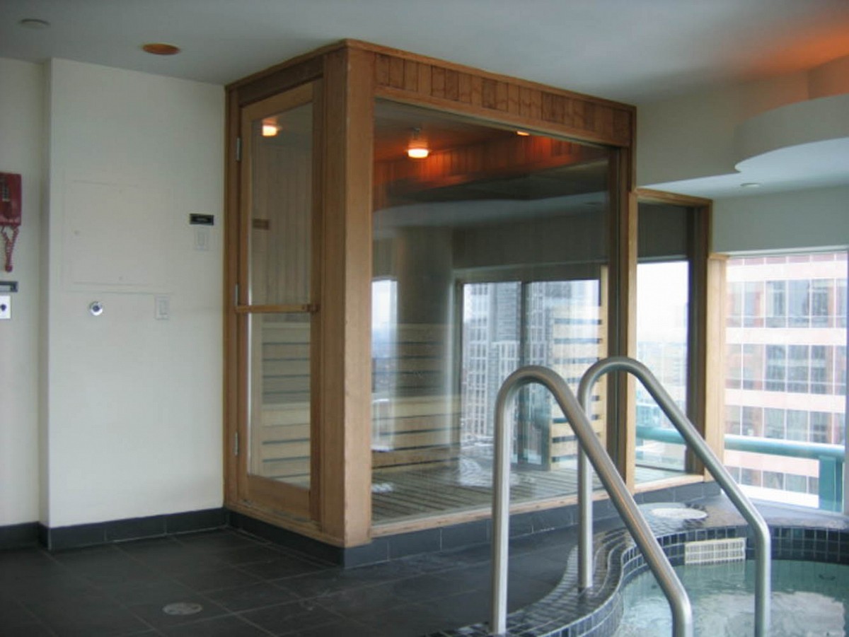 Indoor sauna by pool