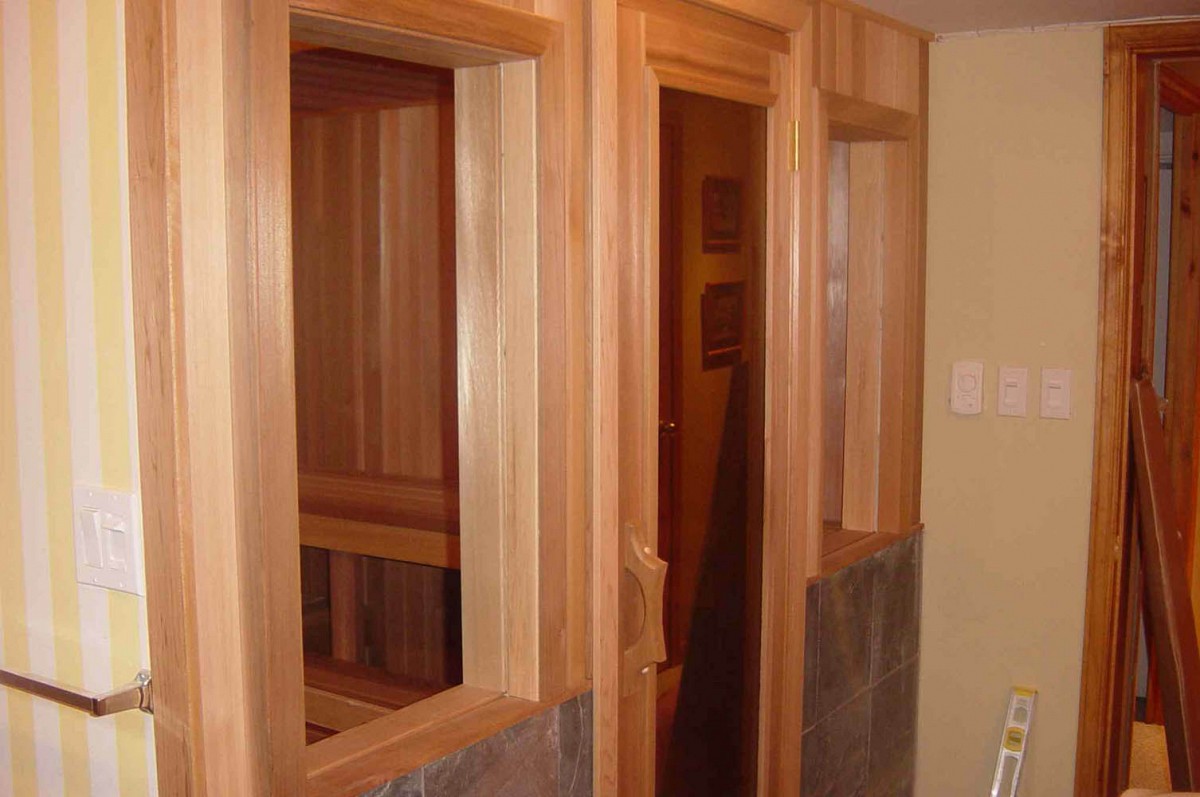 Indoor cedar sauna with window
