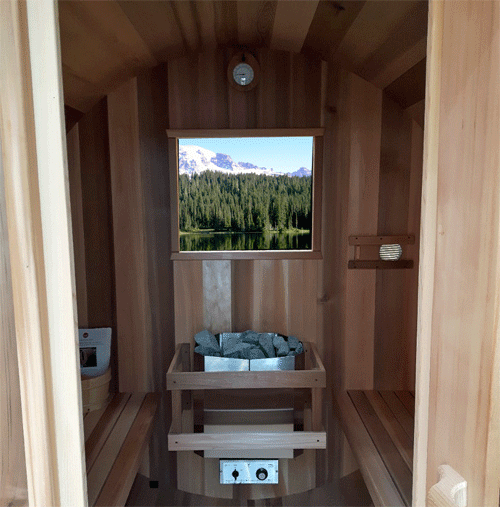 Barrel sauna with window in back wall