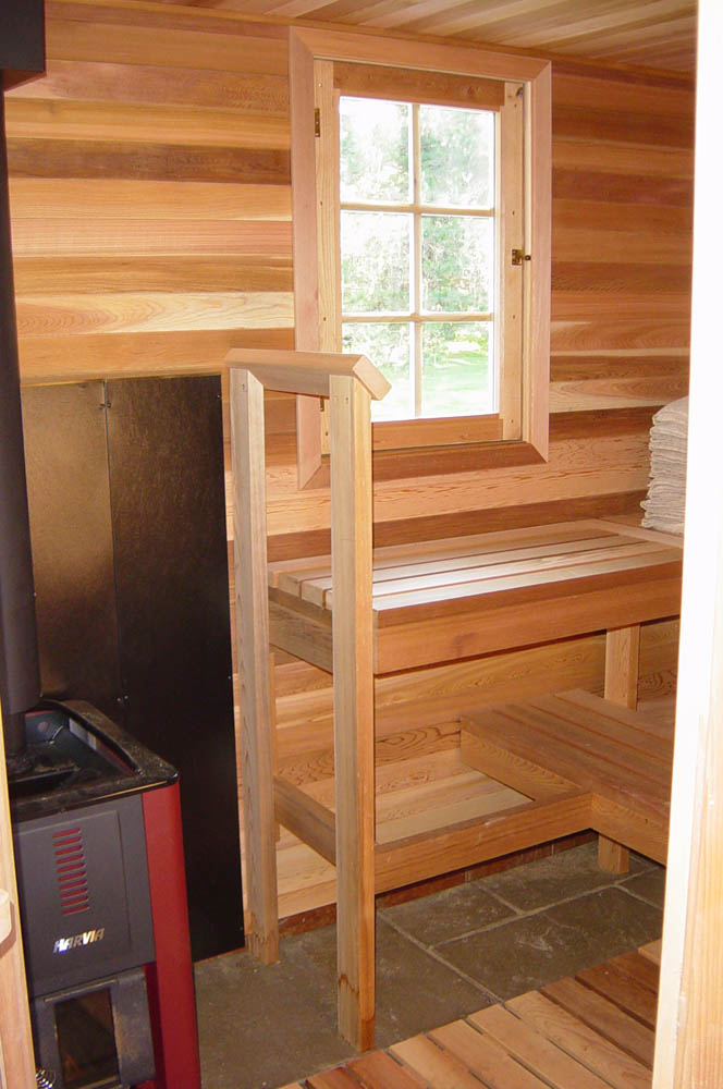 Custom home sauna with 2 tier bench