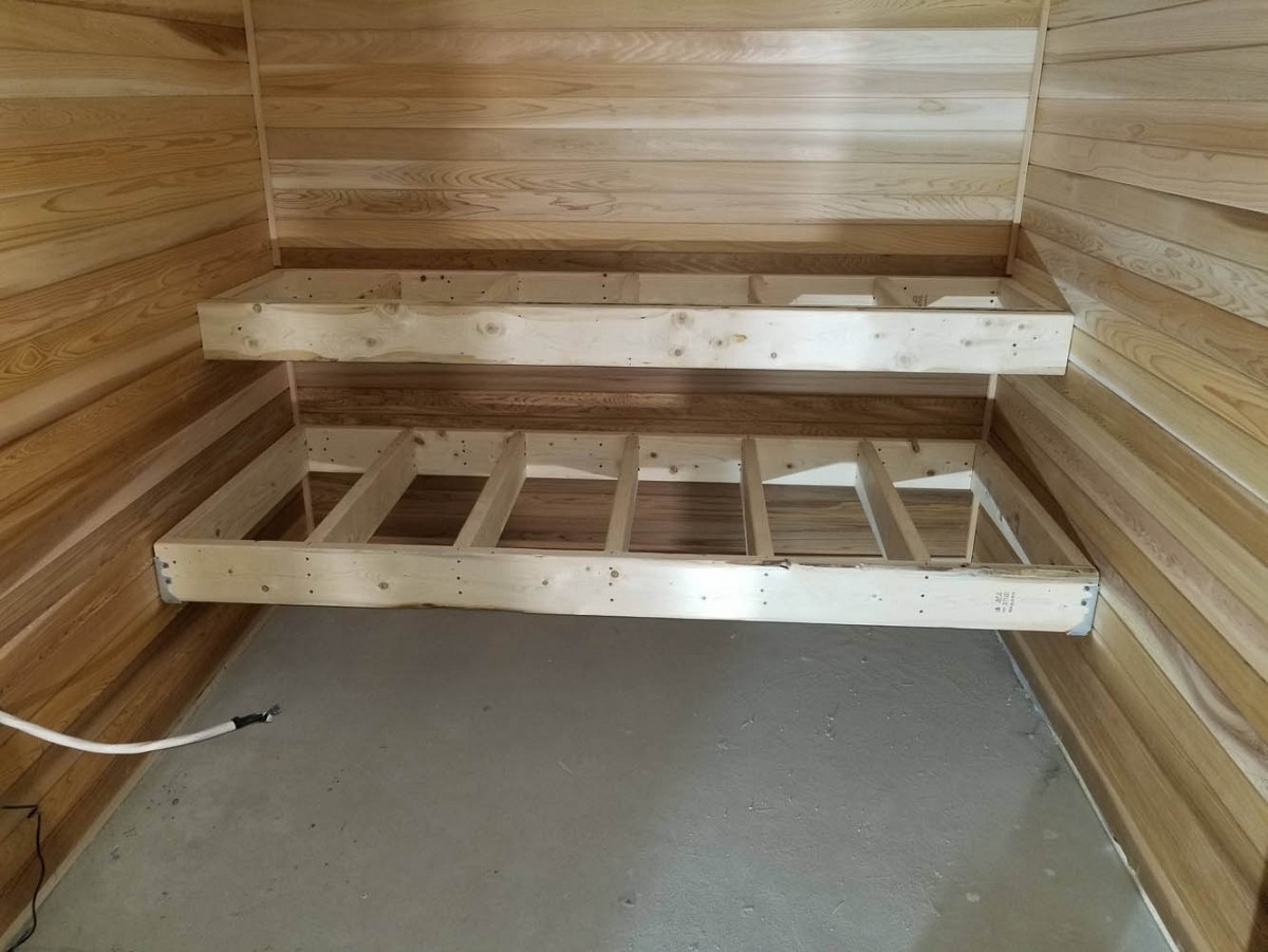 Home sauna floating bench installation