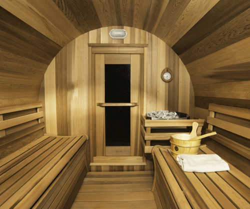 Barrel sauna with signature bench option