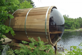 panoramic view barrel saunas clear cedar
