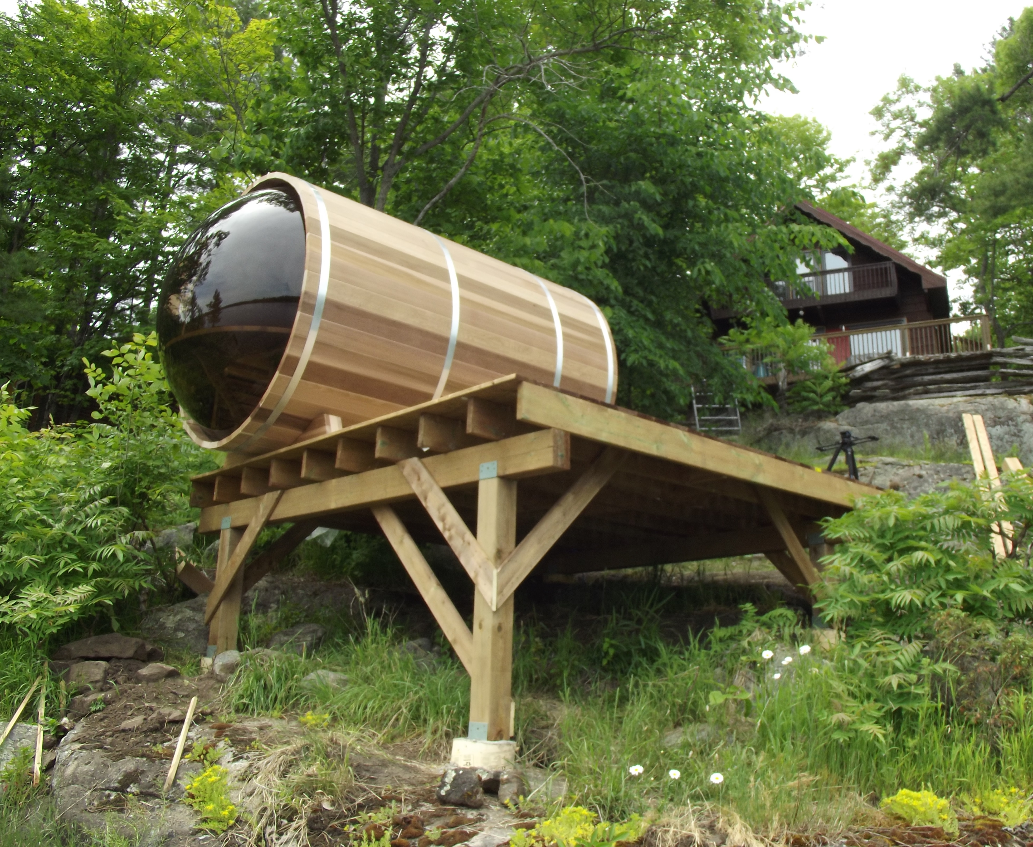 outdoor panoramic view barrel sauna