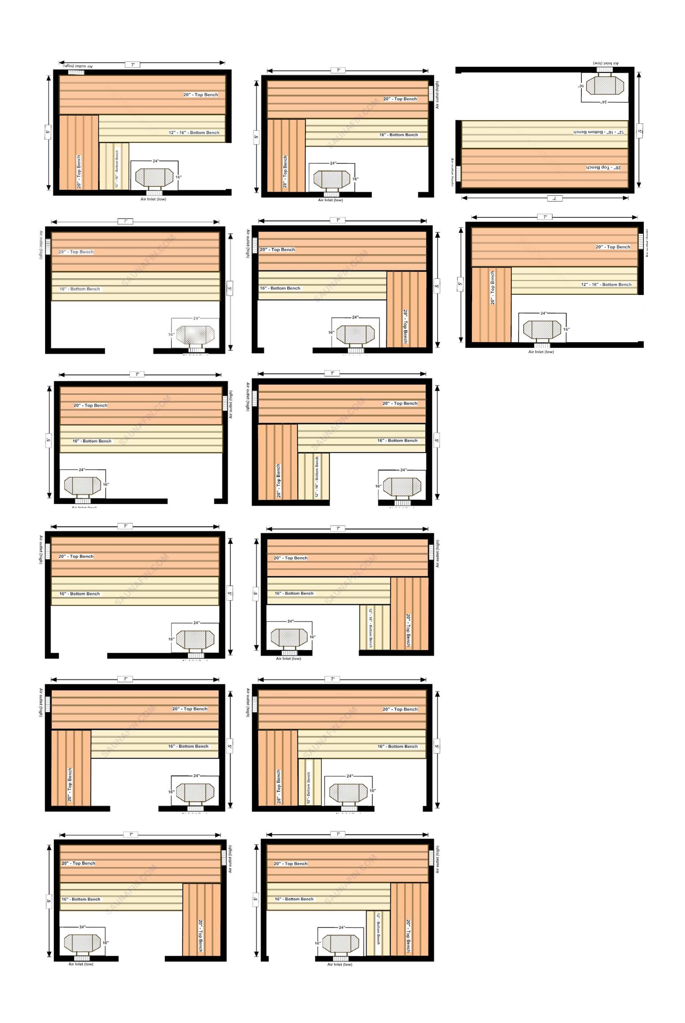 standard sauna layouts 5x7
