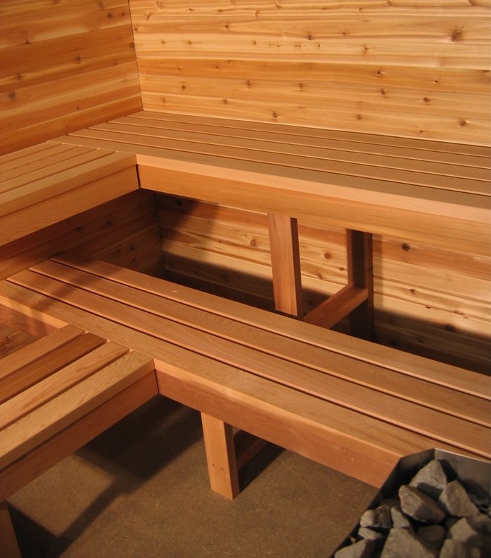LK Knotty Cedar Lining with 2x4 Clear Cedar Bench Tops