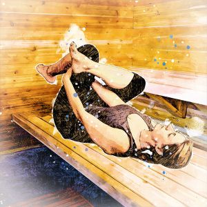 lying pigeon pose stretch in sauna
